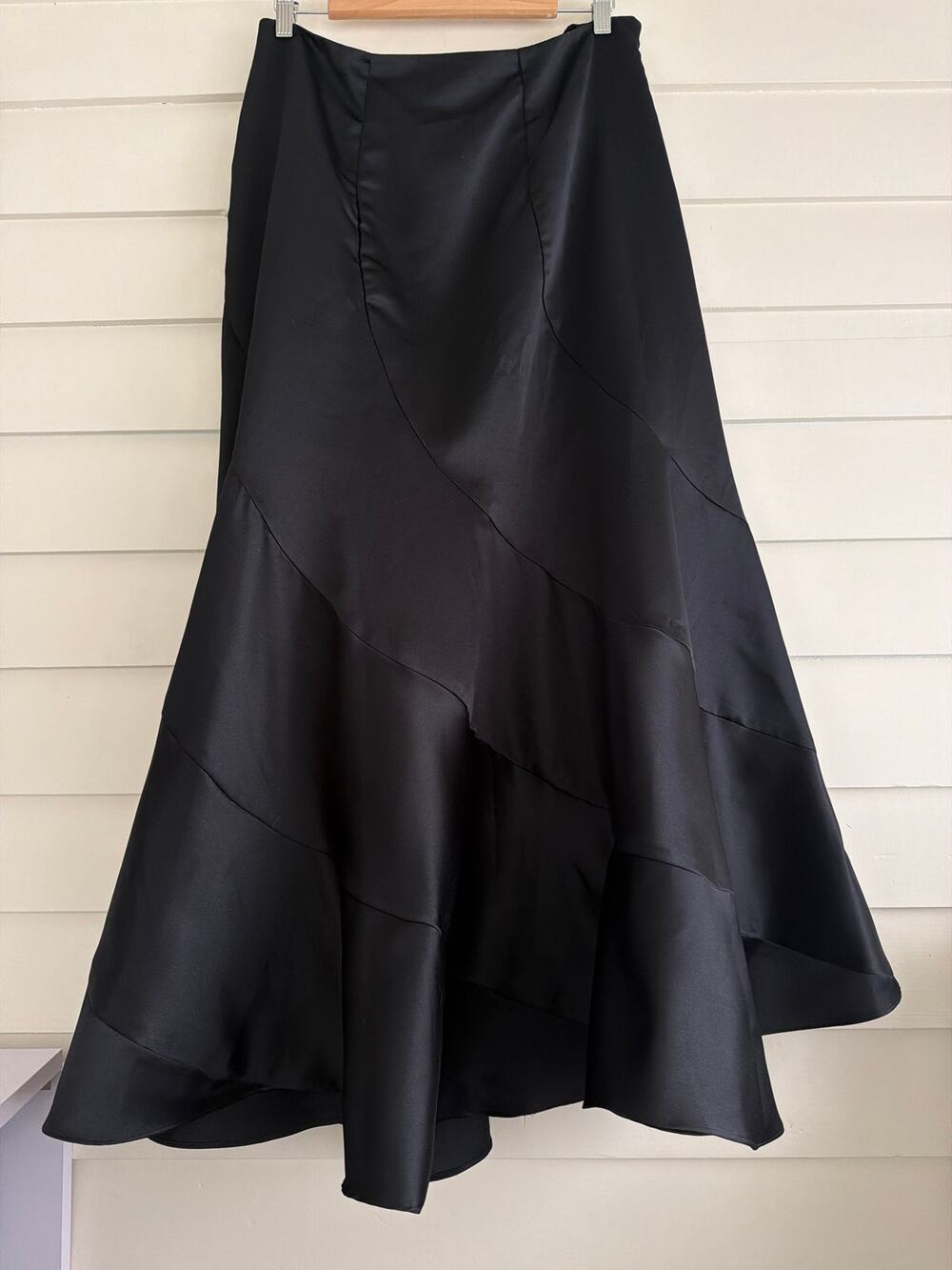 Y2K Metaphor Black Satin Trumpet Maxi Skirt Swirl Seam Goth Size 12